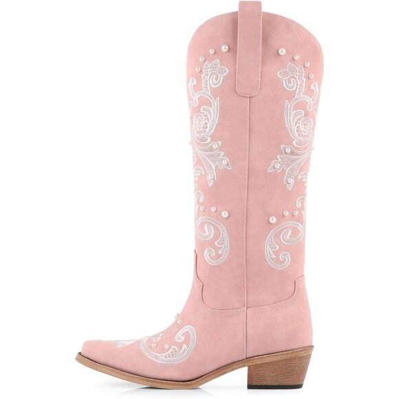 Women Pink Faux Leather Knee High Classic Embroidered Slip On Chunky Heel - Picture 7 of 7